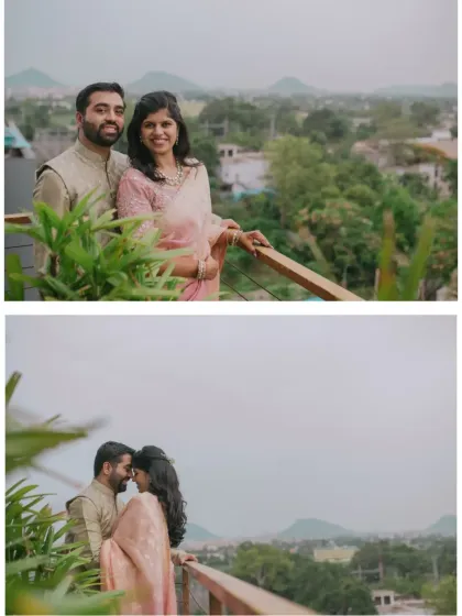 A diptych of the couple posing on a balcony with a scenic mountain view, capturing both a formal portrait and an intimate moment.