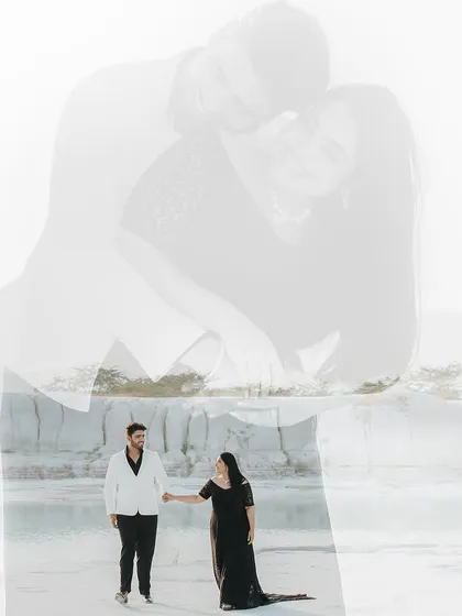 A creative double exposure blending a walking shot with an intimate embrace, resulting in a dreamy and artistic photograph.