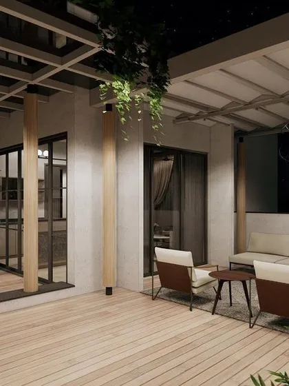 A render of a spacious terrace with a dedicated bar and barbecue area. This visualization helps plan the layout for outdoor entertaining, ensuring a perfect flow between cooking, dining, and lounging zones.