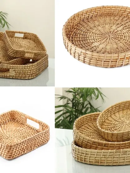 This collage highlights the different styles of our woven trays. It includes square and round options with various weave patterns and handle designs, showcasing the craftsmanship and utility of these versatile pieces.