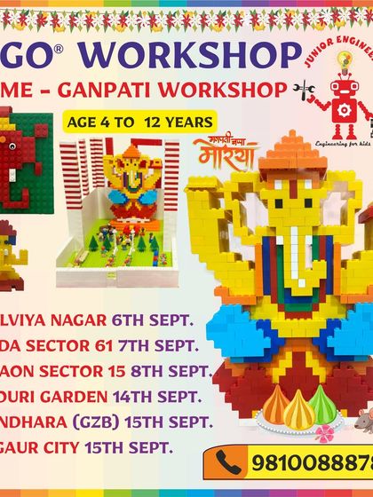 This informational poster details our LEGO Ganpati workshop schedule across various locations like Malviya Nagar and Gurgaon. It showcases different types of Ganesha models that kids can build, from simple Duplo block figures to complex classic brick idols.