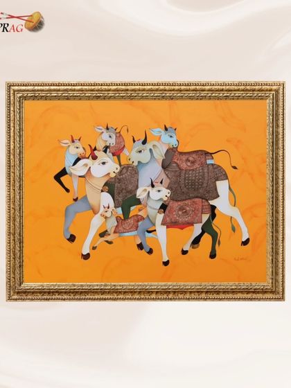 This painting of Nandi bulls by Ashok Nellagi is presented in an ornate, antique gold frame. This choice elevates the artwork, giving it a sense of grandeur and tradition that befits the sacred subject.