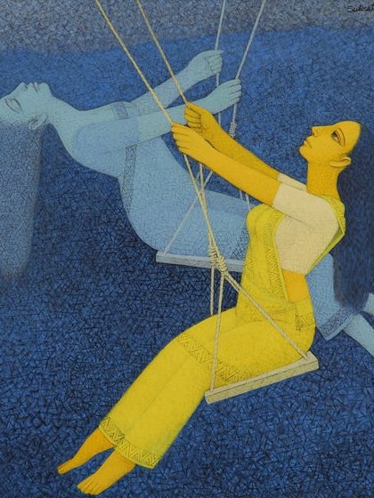 A monumental 5x5 ft canvas by Subrata Pal, showing a golden figure on a swing while her indigo twin floats behind. The artist's signature cross-hatch work creates a fabric of energy, blending restraint with drama in the Bengal School lineage.