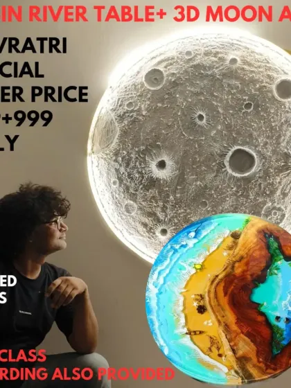 Our Navratri special offer, combining two popular workshops, the River Resin Table and 3D Moon Art, for a discounted price. Live classes with recordings provided.