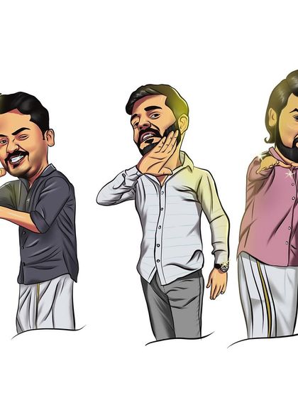 Here are three friends from the larger group portrait, each with their own distinct pose and expression. Creating these individual character studies is a key part of building the final group artwork.