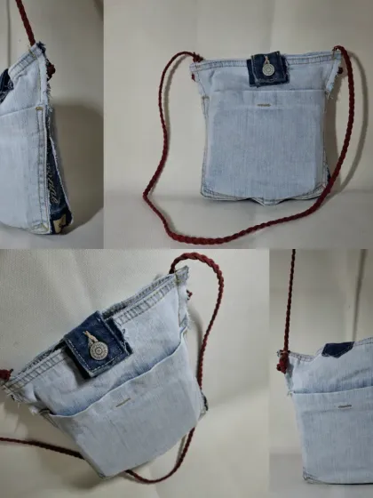This collage shows a simple yet stylish sling bag made from a pair of light-wash jeans. I use the original pockets and a braided strap to create a casual, eco-friendly accessory.