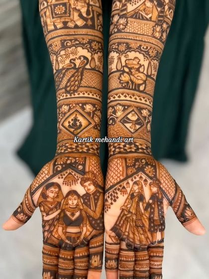 A close-up of a family portrait mehandi. We can include your loved ones in your bridal design, making it a cherished memory of your special day.