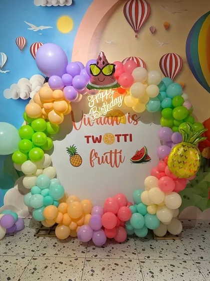 The full view of our vibrant "Twotti Frutti" birthday setup, perfect for a summer celebration.