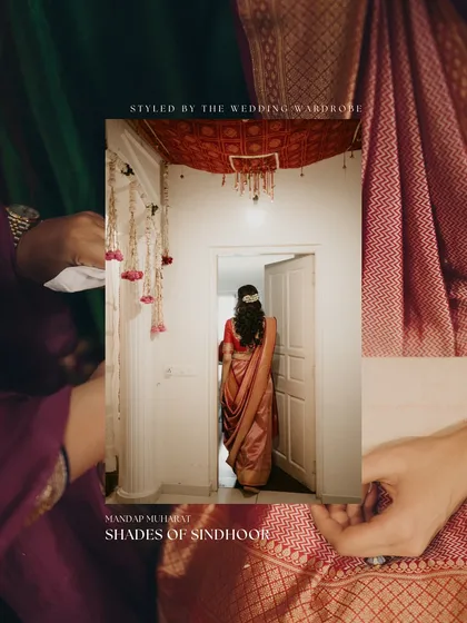A collage capturing the 'Shades of Sindhoor' theme for a Gujarati pre-wedding ritual. It shows how we curate details, from decor to drapes, to tell a cohesive cultural story.