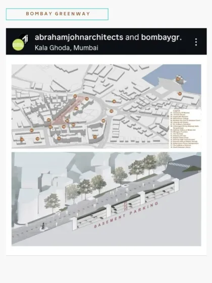 A screenshot of our Instagram post detailing the Kala Ghoda redesign. We use every platform to advocate for our vision of a more people-friendly Mumbai, showing how parking can be moved underground to free up space for life.