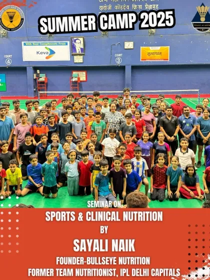 A champion's journey extends beyond the court. At our summer camp, we provide holistic development, including expert seminars on sports and clinical nutrition led by industry professionals like former IPL team nutritionists, to teach players how to fuel their bodies for peak performance.