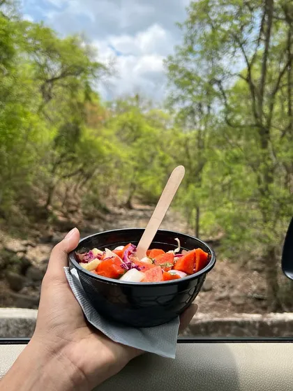 Healthy food on the go. Enjoying a fresh fruit salad while on a road trip proves that you can stick to your health goals no matter where you are.