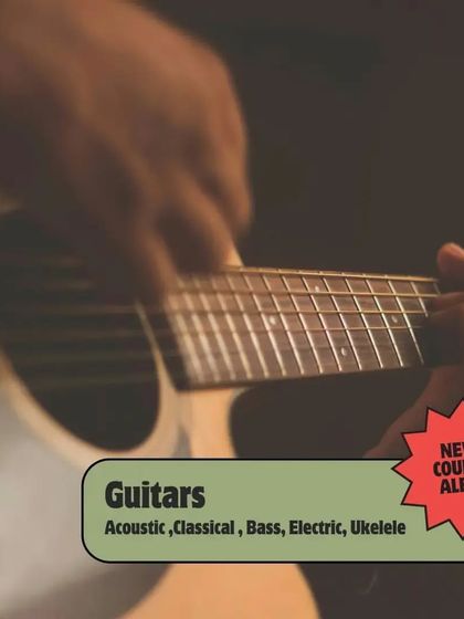 A new course alert for our guitar classes. We cover various styles including acoustic, classical, bass, electric, and ukulele.