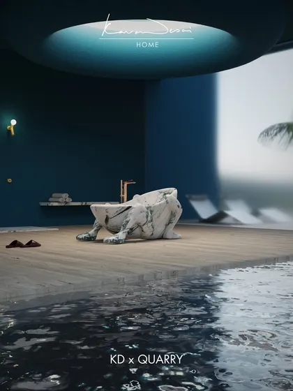A conceptual design for my "Monster 3.0" collection, this bathroom pushes boundaries. A sculptural marble tub sits at the edge of an indoor water body, with a large oculus overhead creating a dramatic play of light and shadow.