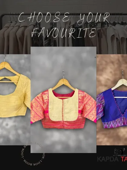 Choose your favorite outfit now. This graphic presents three distinct blouse styles, from a classic yellow to a festive pink brocade.