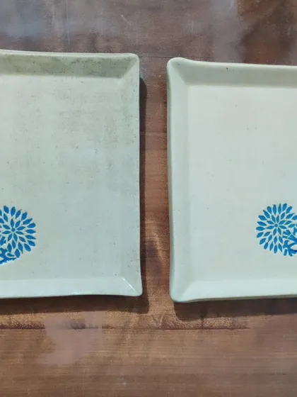 A pair of elegant, hand-built plates with a simple yet beautiful block-printed design. These were made by a student and are ready for use at home.