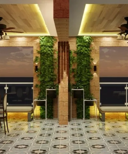 This 3D visualization provides a different perspective of the semi-outdoor concept, focusing on the dining and seating arrangement against a backdrop of vertical gardens and city views.
