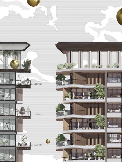 This detailed sectional illustration shows the life within a building. The true beauty of architecture is defined by the hustle and bustle inside, and we design spaces that cater to the diverse activities of daily life.