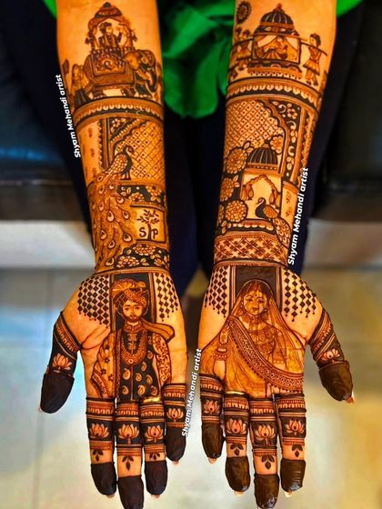 Full-length portraits of the bride and groom on the palms, surrounded by traditional motifs like peacocks and lotuses.
