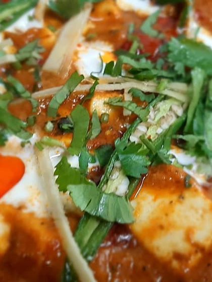 A close-up of our Paneer Butter Masala, showing the creamy texture of the gravy and the fresh garnish of coriander and ginger.