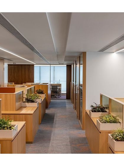 Workstations in 'The Office with A View' are enhanced with integrated planters, bringing a touch of nature into the workspace. The low, fluted glass partitions allow for an open feel while still providing a degree of personal space.