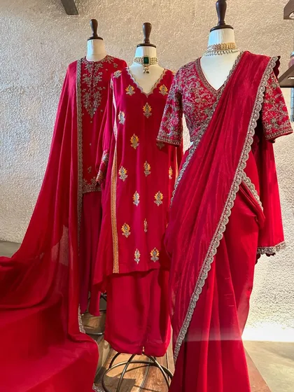 A full view of the red collection, showcasing the variety in silhouettes from a straight-fit kurta to a draped saree, all united by a festive color palette.