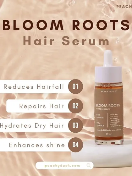 Here are the four key benefits of my Bloom Roots Hair Serum, all in one place. It’s designed to be an all-in-one solution that reduces hair fall, repairs strands, hydrates dryness, and enhances natural shine, simplifying your haircare routine.