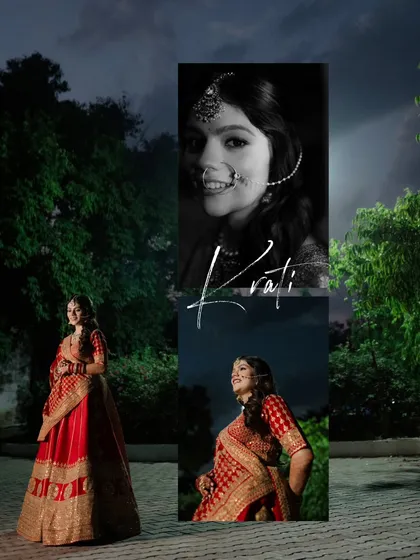 A collage of bridal portraits, mixing a full-length shot with more intimate black and white close-ups, telling a multifaceted story of the bride.