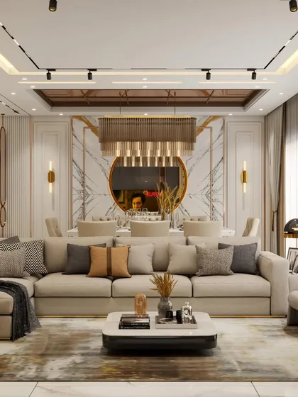 This is a 3D render of a luxurious living and dining room we designed. It features a stunning marble-clad wall, a large L-shaped sofa, and a sophisticated dining area with a statement chandelier. This design is all about creating a grand and opulent feel.
