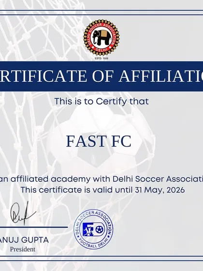 This is our official Certificate of Affiliation with the Delhi Soccer Association. This certification allows our players to compete in official state and national level tournaments, providing a verified pathway for their football careers.