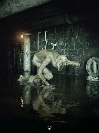 Another angle of the underbelly creature, this time showing it reacting to the light. Its body is pierced with metal shards, hinting at a painful backstory connected to the Karnival's forgotten attractions.