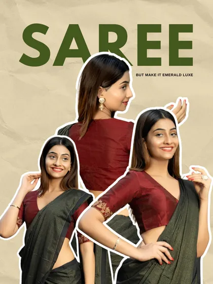 Experience the charm of tradition with this Handloom Mull blouse featuring delicate Zari detailing. Paired with our Emerald Luxe saree, it offers unmatched comfort with a regal, festive look.
