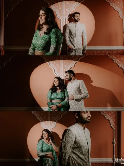 A collage showing different angles and moments from a single studio setup. We explore various compositions to capture the couple's interaction and the beautiful play of light and shadow on the ornate wall.