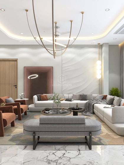 This render showcases a living room with a dramatic marble floor and a unique, flowing light fixture. The design balances a neutral color palette with rich textures and materials.