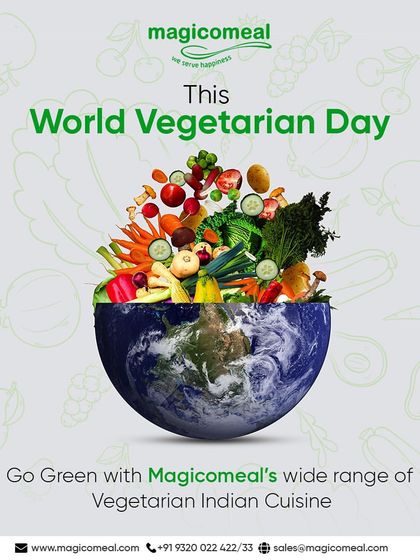 On World Vegetarian Day, I invite you to go green with my wide range of vegetarian Indian cuisine. This graphic celebrates my delicious veggie delights and a healthier, greener path.