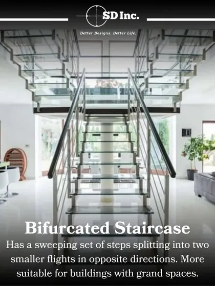 A grand bifurcated staircase made of glass and steel. This sweeping design, which splits into two smaller flights, is perfect for creating a dramatic entrance in large, open spaces.