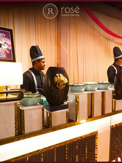 Our Pan-Asian food station, staffed by our professional chefs. The elegant setup with modern decor demonstrates how we transform taste by combining elegance with exceptional flavor.