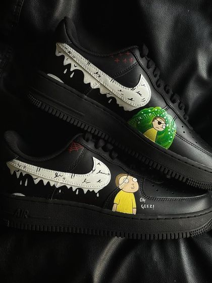 A close-up view of the Morty side of the custom Rick and Morty sneakers.