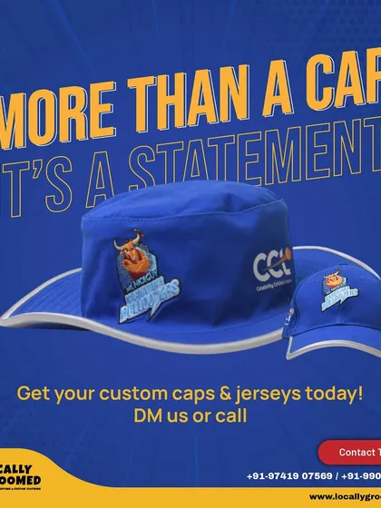 We were proud to create custom headwear for the Karnataka Bulldozers cricket team. This image showcases both a branded bucket hat and a classic baseball cap, demonstrating our ability to produce statement-making accessories for high-profile teams and events.