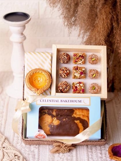 Another one of our beautiful Diwali hampers, combining a marble cake with a box of our assorted healthy mithai.