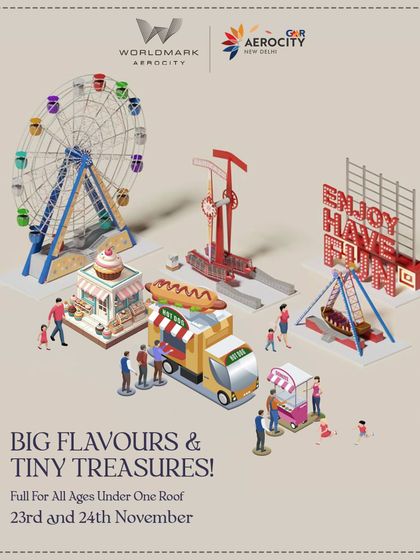 "Big Flavours & Tiny Treasures." This graphic illustrates the dual appeal of our carnival, combining a world food festival with a kids' market, ensuring fun for all ages under one roof.