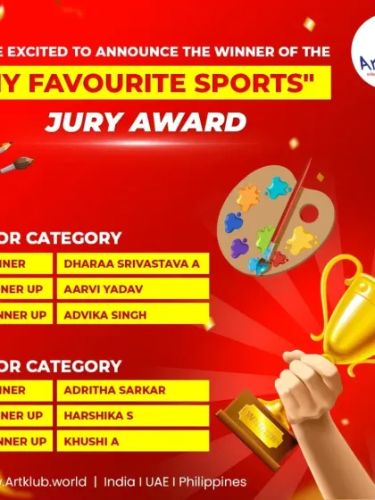Our competitions are structured to be fair and encouraging for all age groups. This graphic announces the Jury Award winners for the 'My Favourite Sports' contest, recognizing top artists in both the Junior and Senior categories.