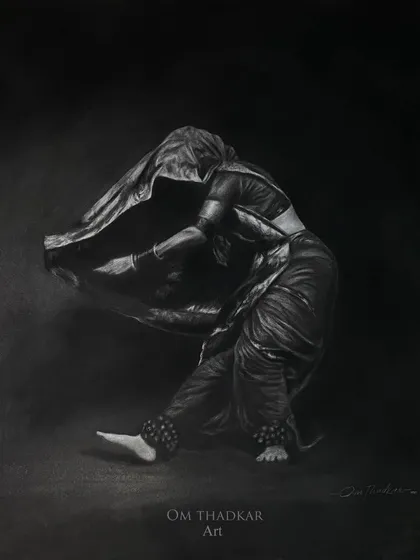 This piece captures the dynamic energy of 'Lavani', a traditional Marathi folk dance. Using charcoal on white paper, I aimed to freeze a moment of fluid motion, emphasizing the graceful posture and the dramatic flow of the saree's fabric against the shadows.