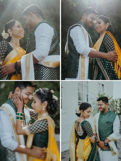 A set of four romantic couple portraits in a garden setting, capturing the couple's chemistry in their beautiful Maharashtrian wedding outfits.