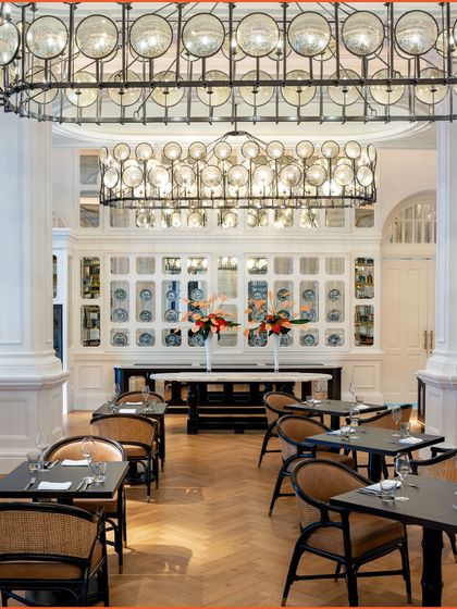 The beautiful dining room of the Tiffin Room at Raffles Singapore, the setting for our collaborative dinner.