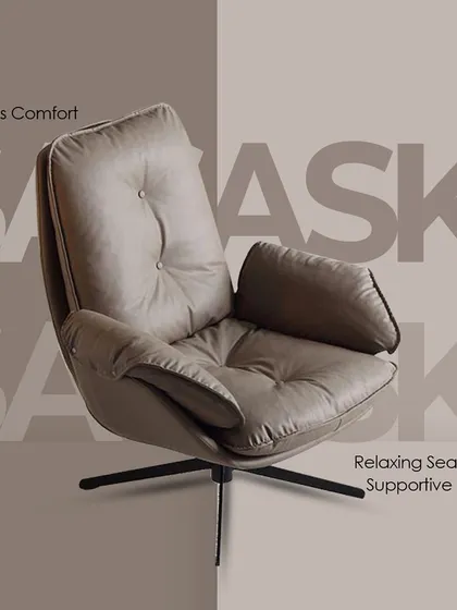 The 'Saski' model is a swivel lounge chair designed for luxurious comfort. Its plush, button-tufted cushions and enveloping shape make it the perfect seat to sink into after a long day.