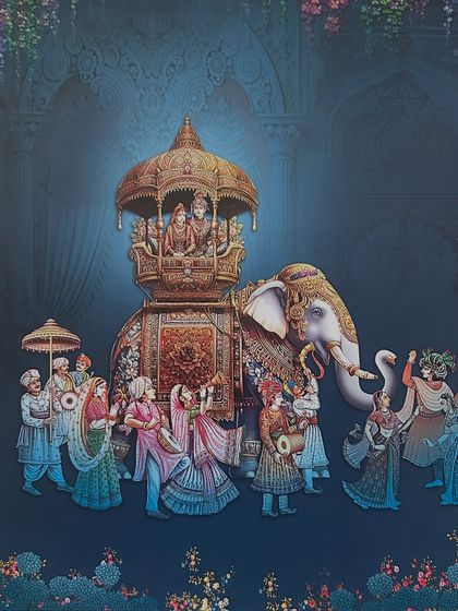 This insert depicts a magnificent royal procession on an elephant, a classic symbol of grandeur in Indian wedding traditions.