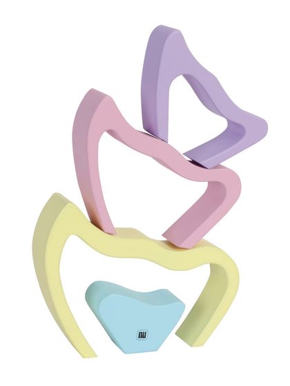 A creative stacking of wooden butterfly arch toys, showing how they can be used for play.