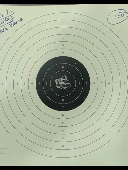 A perfect 100/100 score from our student Ritvik Verma. The tight shot group in the center of the target demonstrates excellent control.