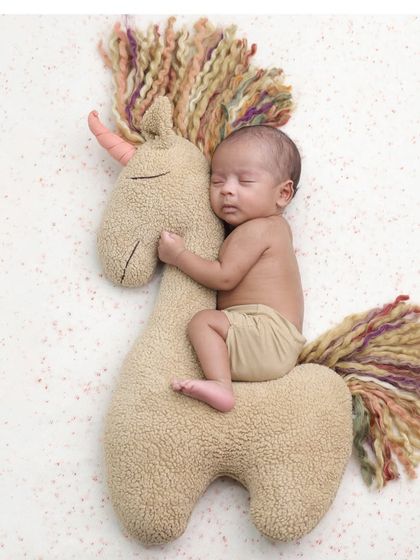 A magical ride on a unicorn. This simple and adorable pose with a plush unicorn prop is perfect for creating a whimsical and enchanting newborn portrait.